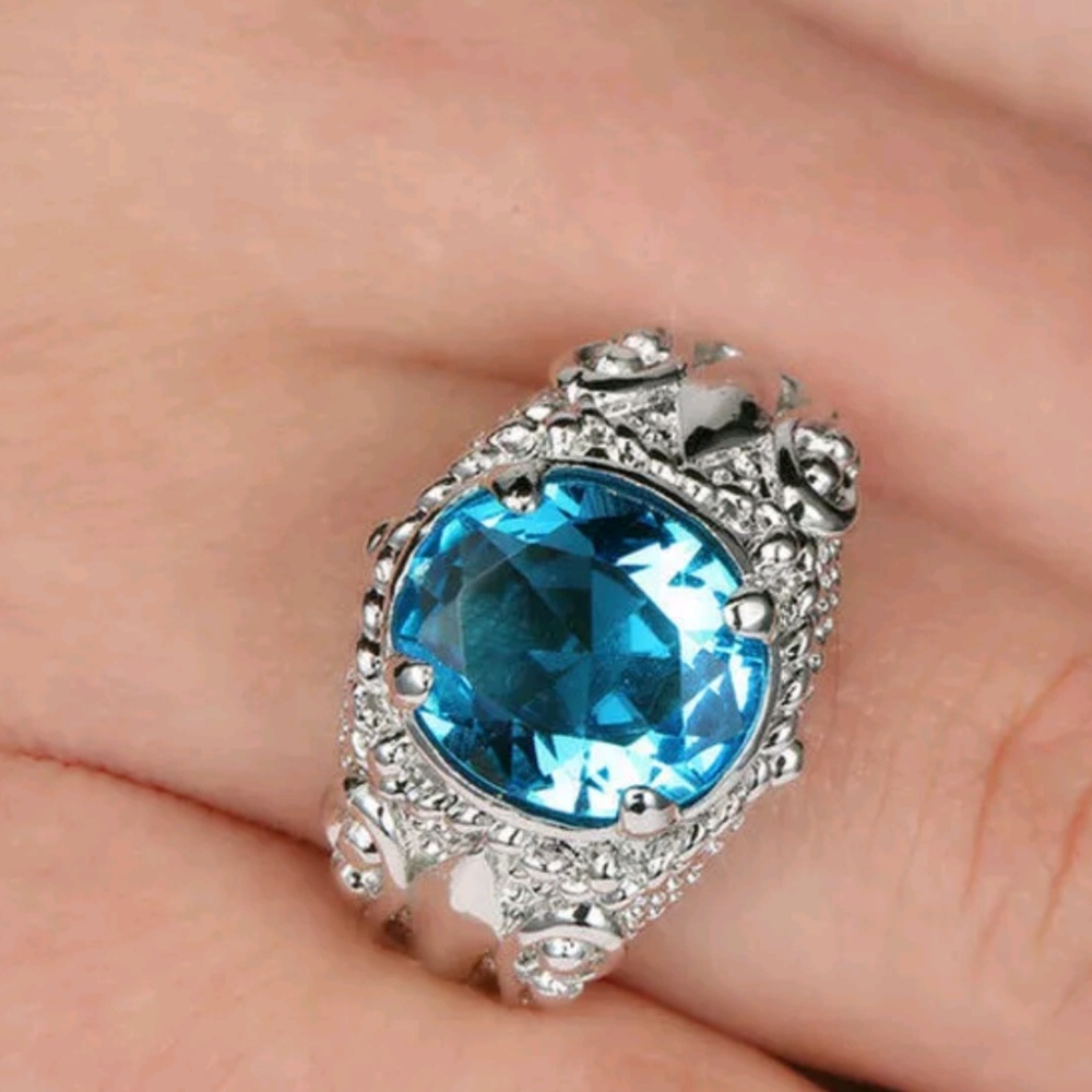 Aquamarine CZ Ring Size 6 – White Gold Filled